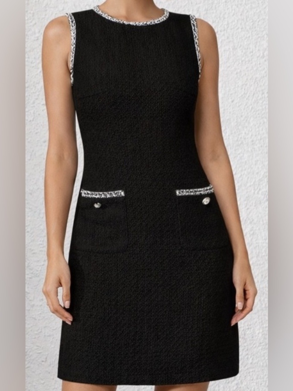 Black Bouclé Sheath Dress Tweed Trim Parisian Chic Sleeveless
